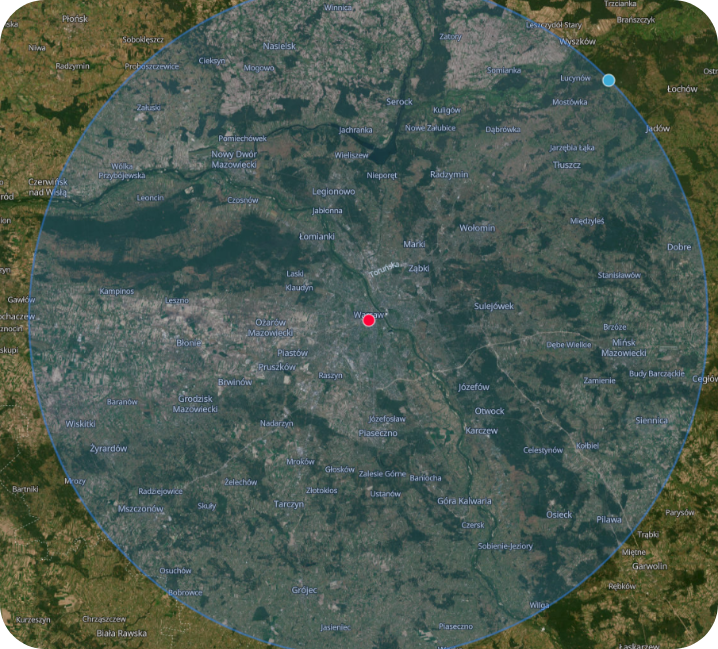 Mapa obszaru dojazdu